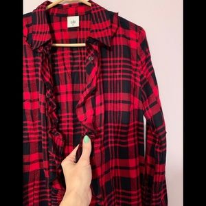 CAbi Buffalo Plaid Ruffle Blouse NWOT.  Women’s xs